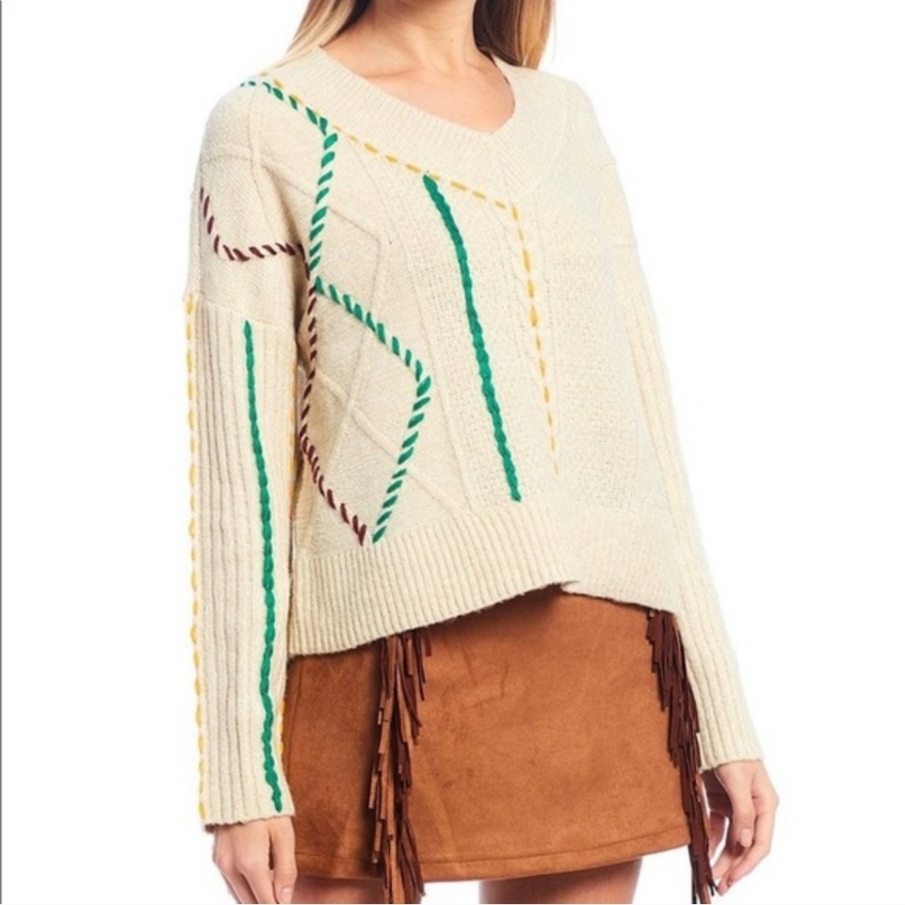 Chelsea & Violet Cream V Neck Boxy Cable Knit Sweater with Colorful Stitching L